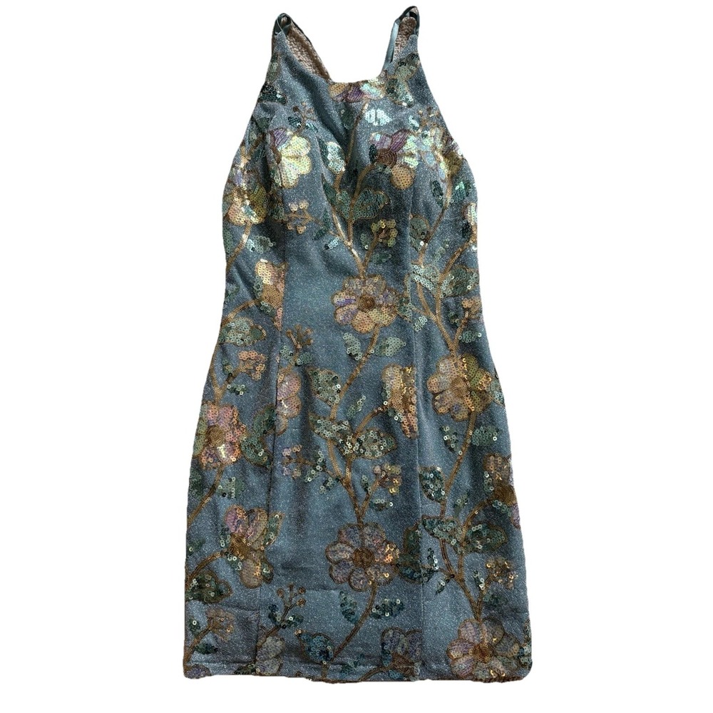 Dear Moon Sequined Mini Dress Size 5 Aqua Floral